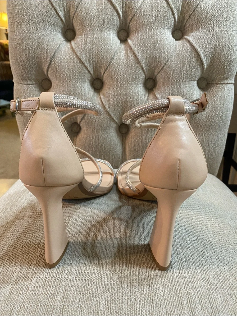 Mix No. 6 Nude Rhinestone-Strap Block 3” Heel Sandals LIKE NEW / Sz 8